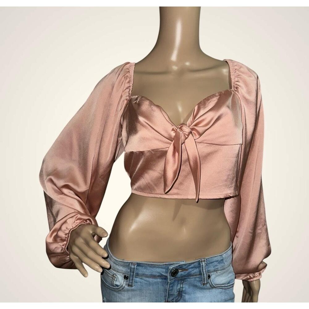 Princess Polly Satin Balloon Sleeve Tie Front Crop Top Size 8